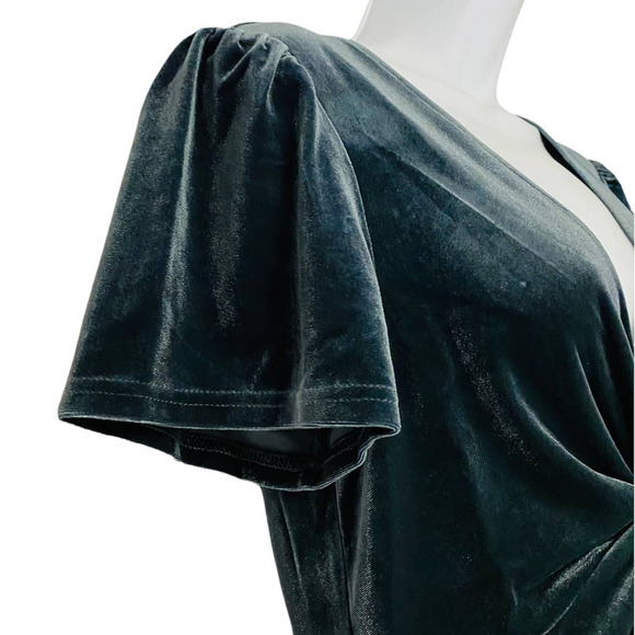 Aqua Blue-Gray Velvet Shimmer Stretch Deep V-Neck Plunge Cocktail Party Dress - Picture 8 of 13